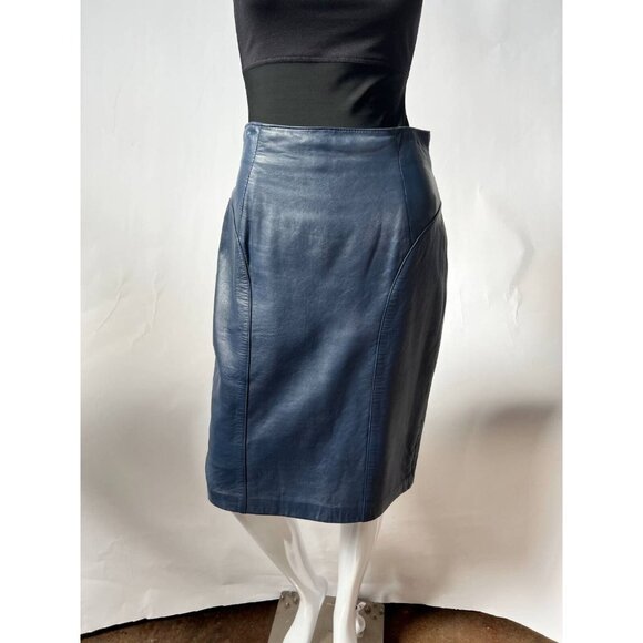 Mario Zarelli Womens Leather Pencil Skirt Blue Knee Length Lined 8 - Picture 1 of 11